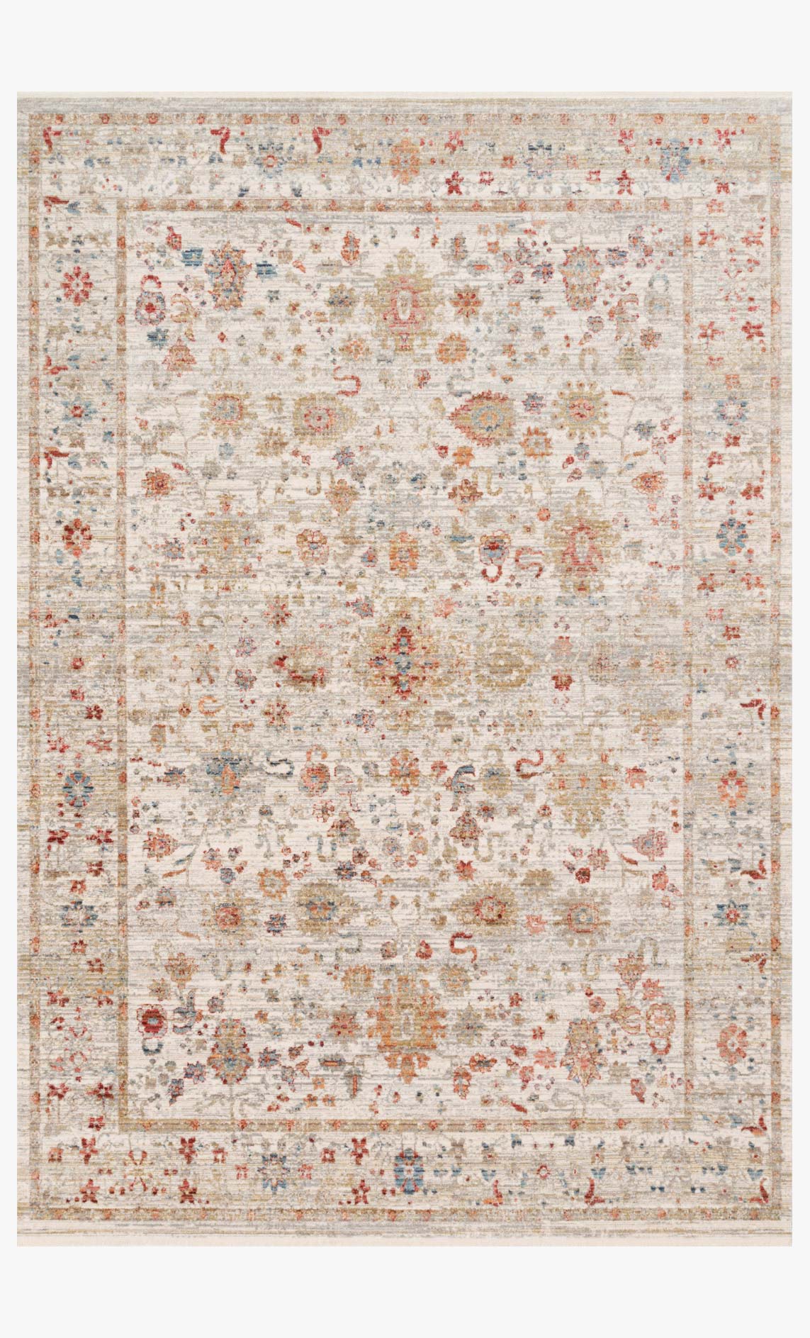 Ivory traditional power-loomed rug with distressed multicolor motif border.
