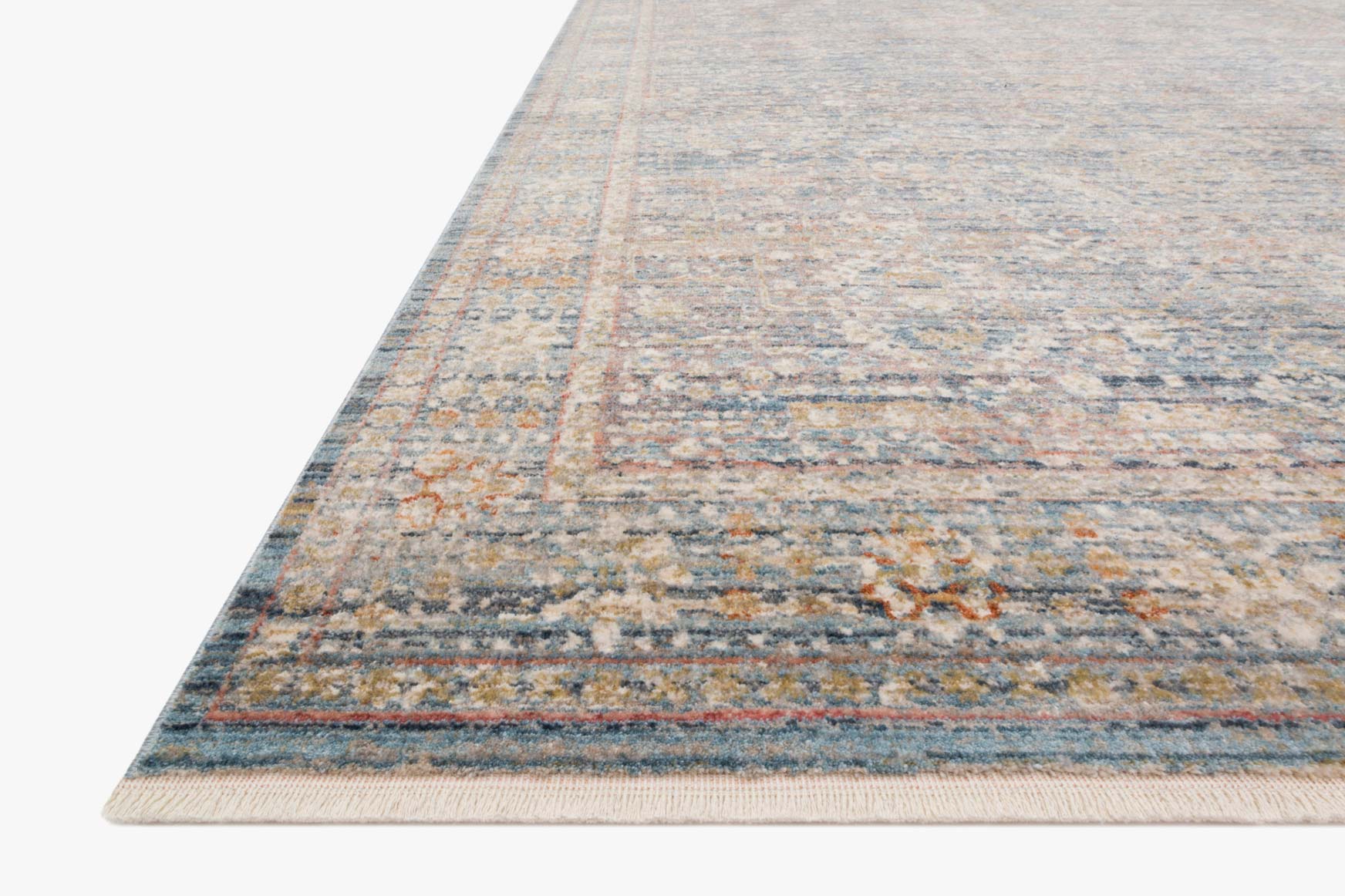 Blue and sunset traditional rug with distressed medallion-style pattern and flat woven edge