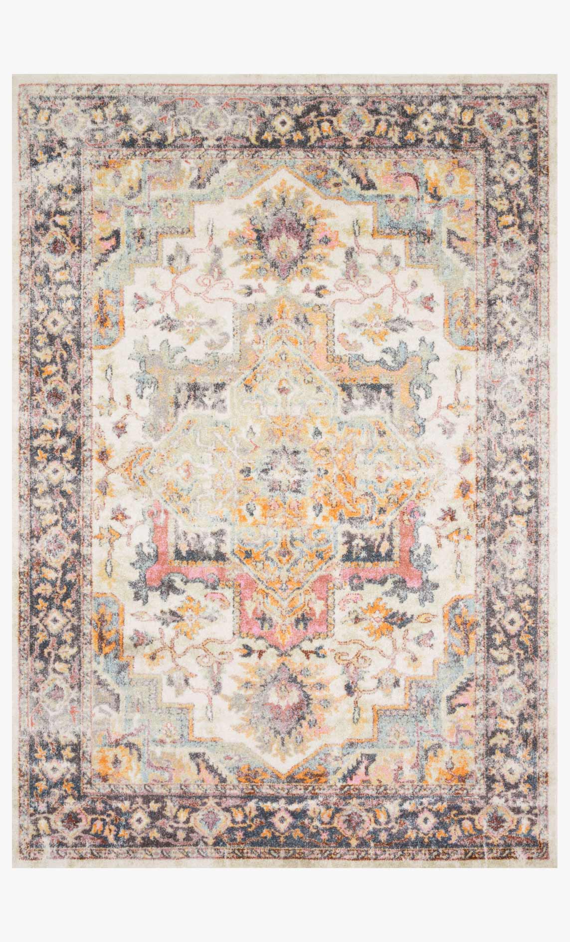 Ivory and charcoal transitional power-loomed rug with ornate multicolor medallion pattern.
