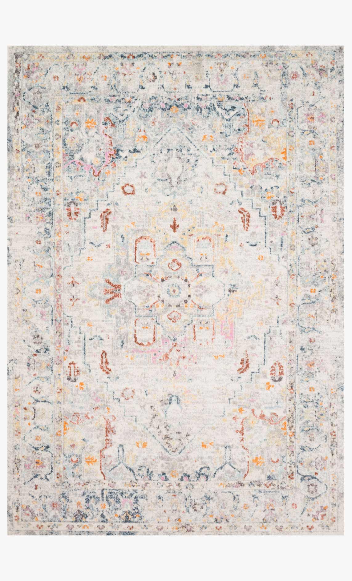 Light grey transitional power-loomed rug with multicolor distressed medallion pattern
