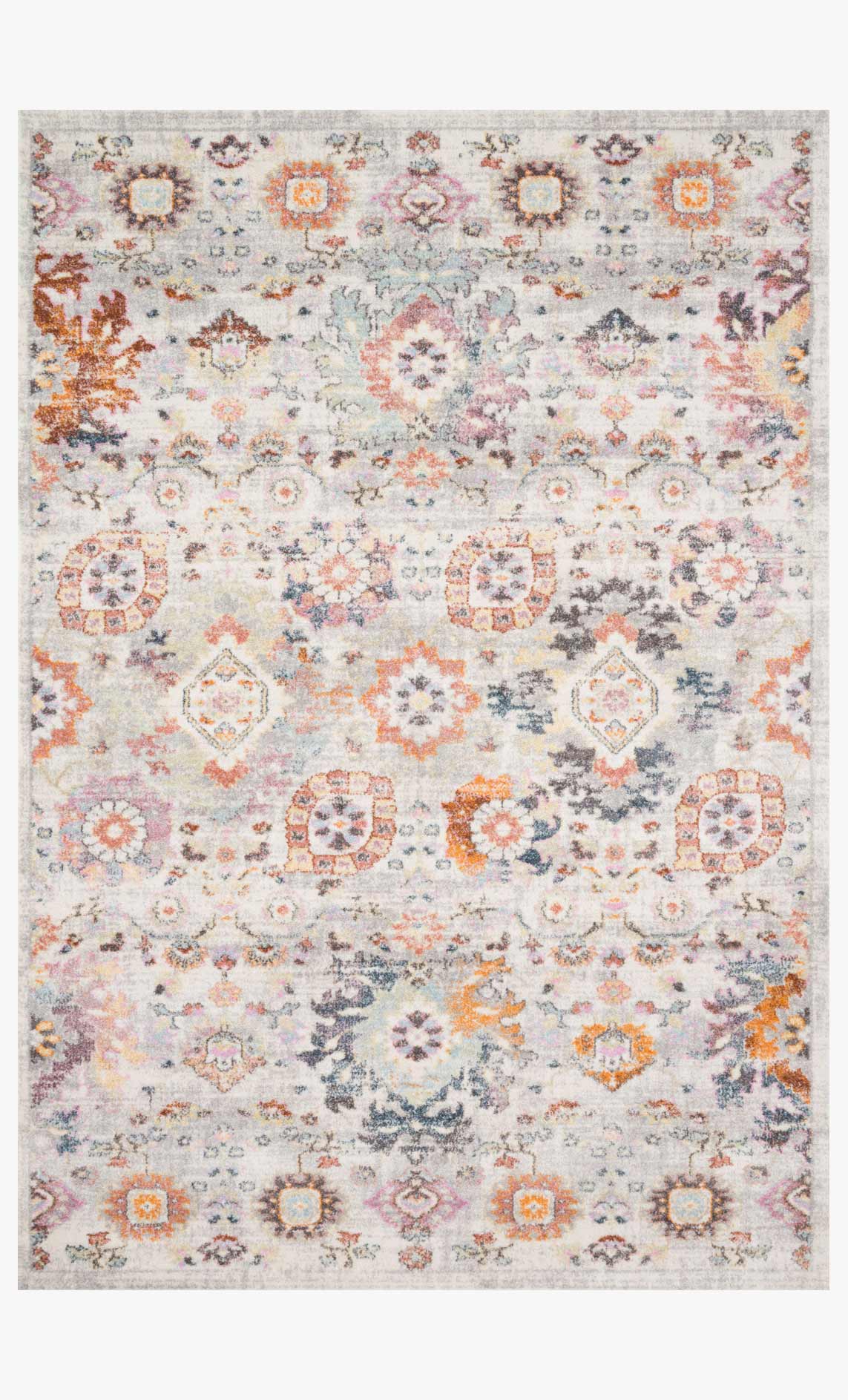 Rectangular multi-color rug with ornate medallion motifs on light gray ground