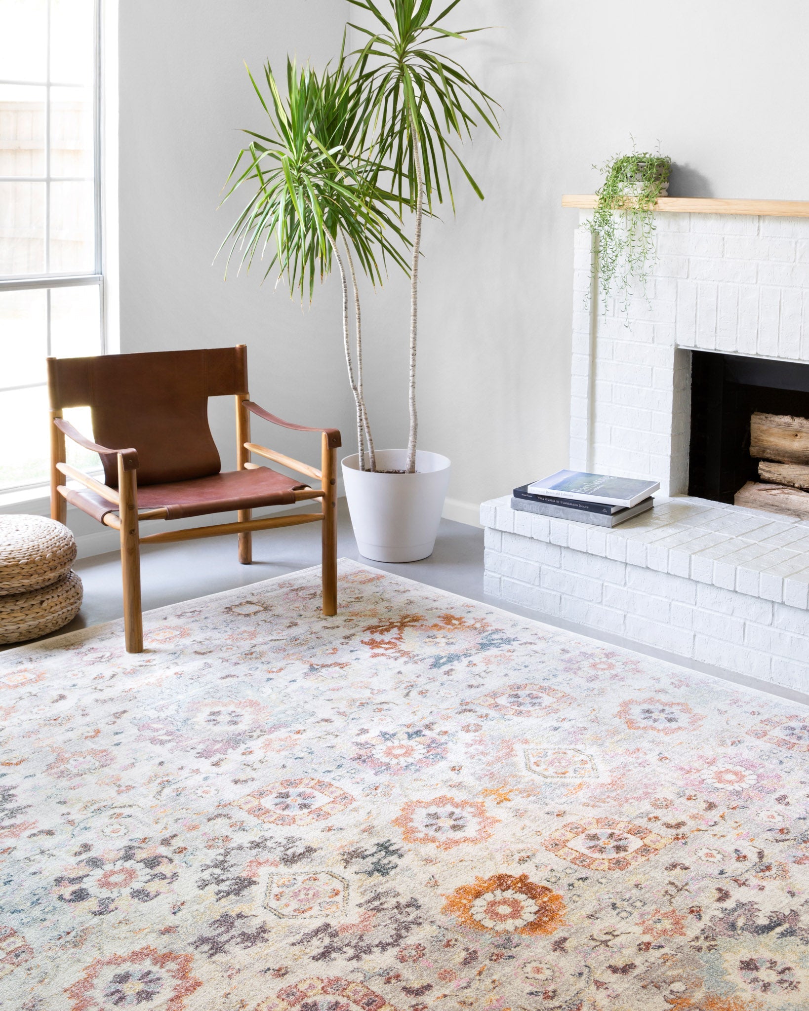 Multi-color area rug with distressed medallion pattern on light gray background
