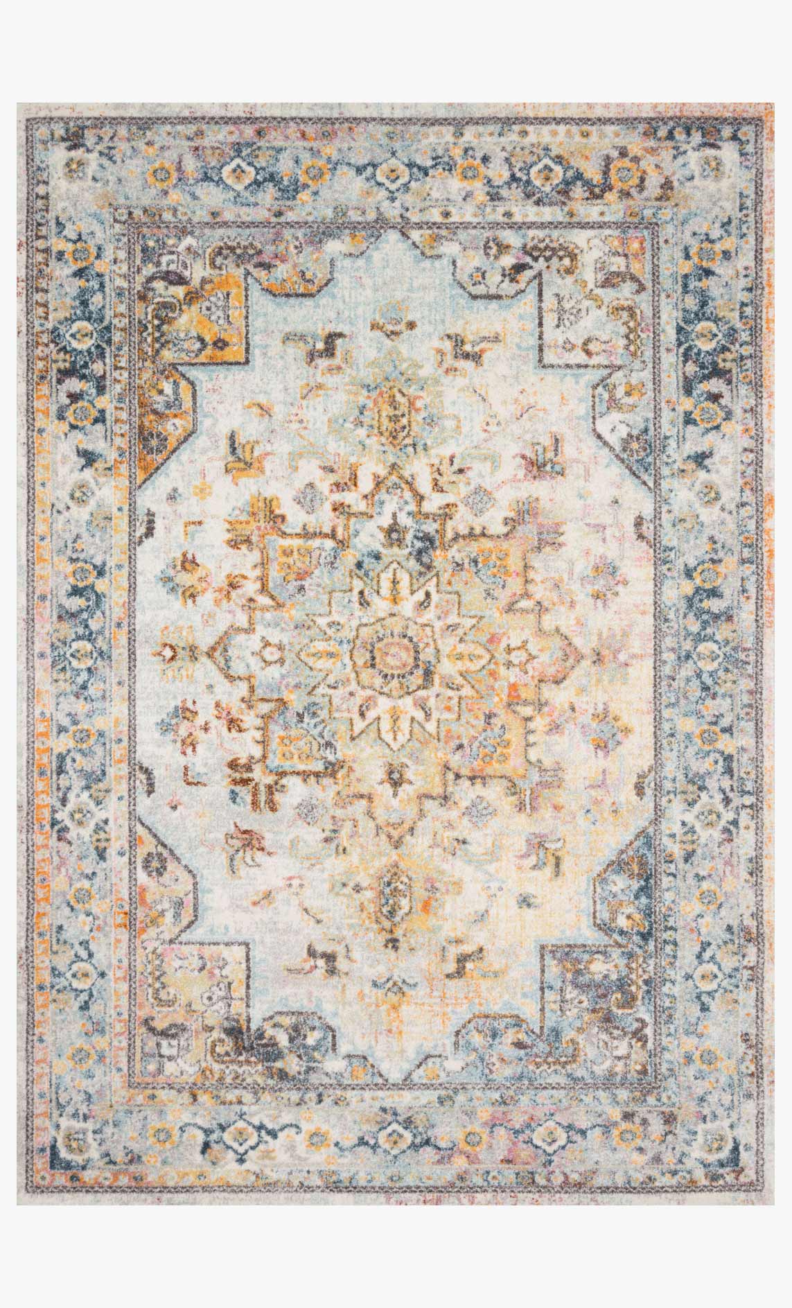 Transitional power-loomed area rug in Mist with ornate medallion pattern, light blue tones