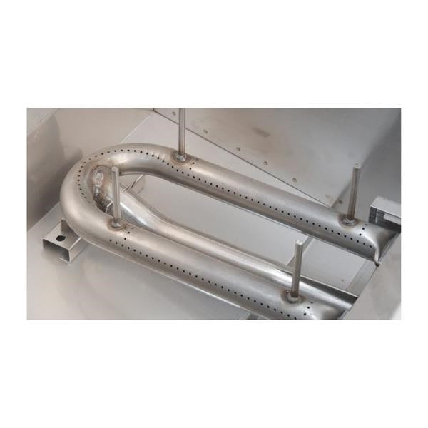 In-ground grill interior with stainless burners, heat shield, and support bars