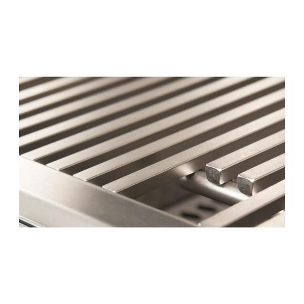 Close-up of stainless cooking grate bars with side vent openings