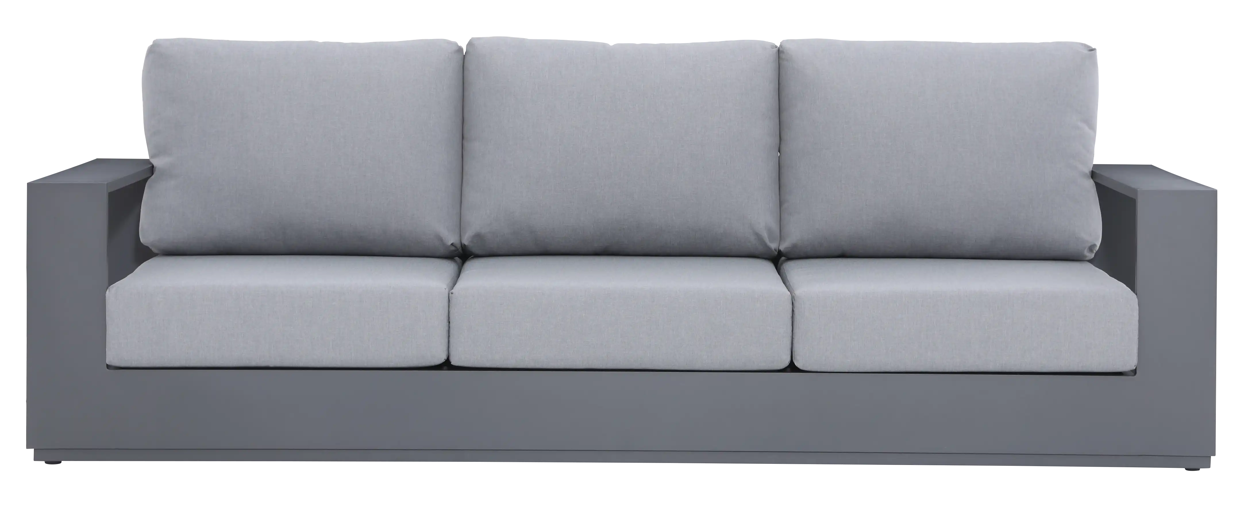 Outdoor sofa with three gray back cushions, three-seat cushions, and dark gray frame