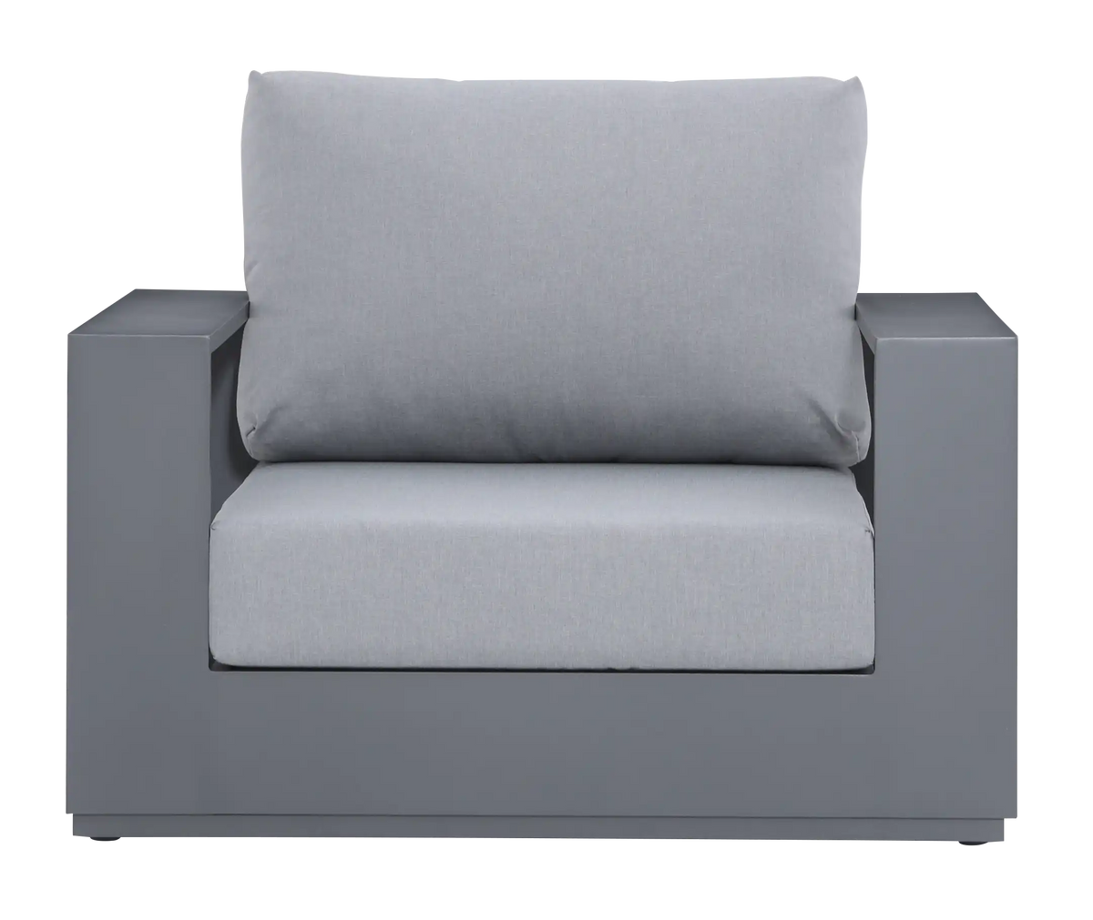 Outdoor single sofa chair with tall gray back cushion and dark gray frame