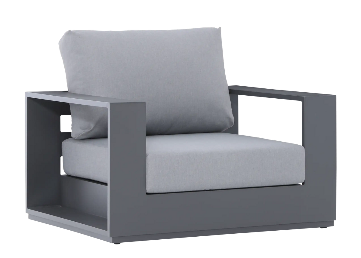 Outdoor lounge chair with gray seat and back cushions and dark gray open side frame
