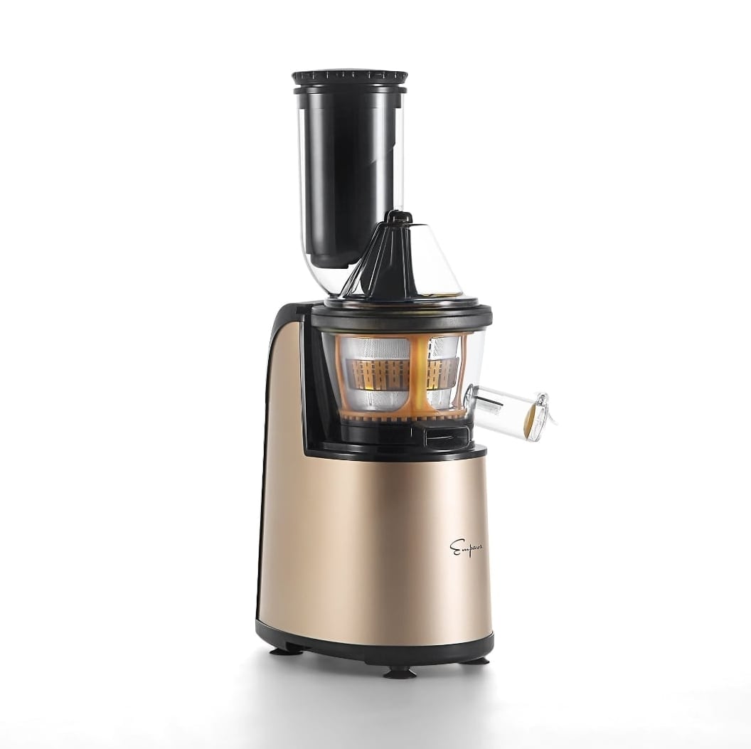 Gold and black cold press juicer with vertical auger and pulp container