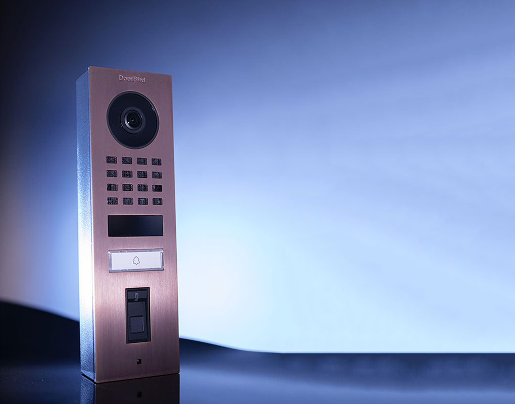 Bronze IP video door station with camera, keypad array, and fingerprint call module