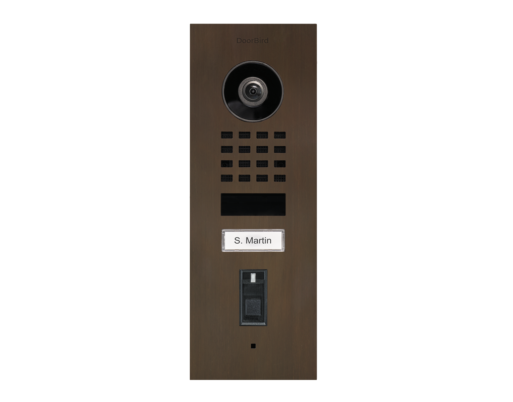 DoorBird fingerprint video door station, architectural bronze face with camera, keypad and nameplate