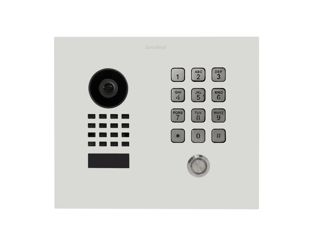 DoorBird traffic white flush-mount video door station showing full keypad and camera
