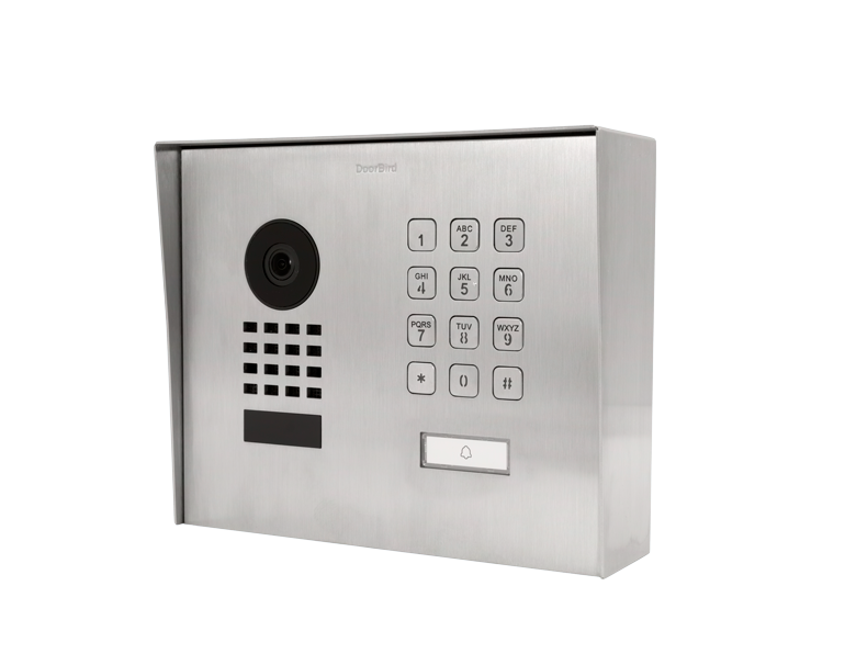 Stainless steel surface-mount video door station with camera lens, keypad, and display