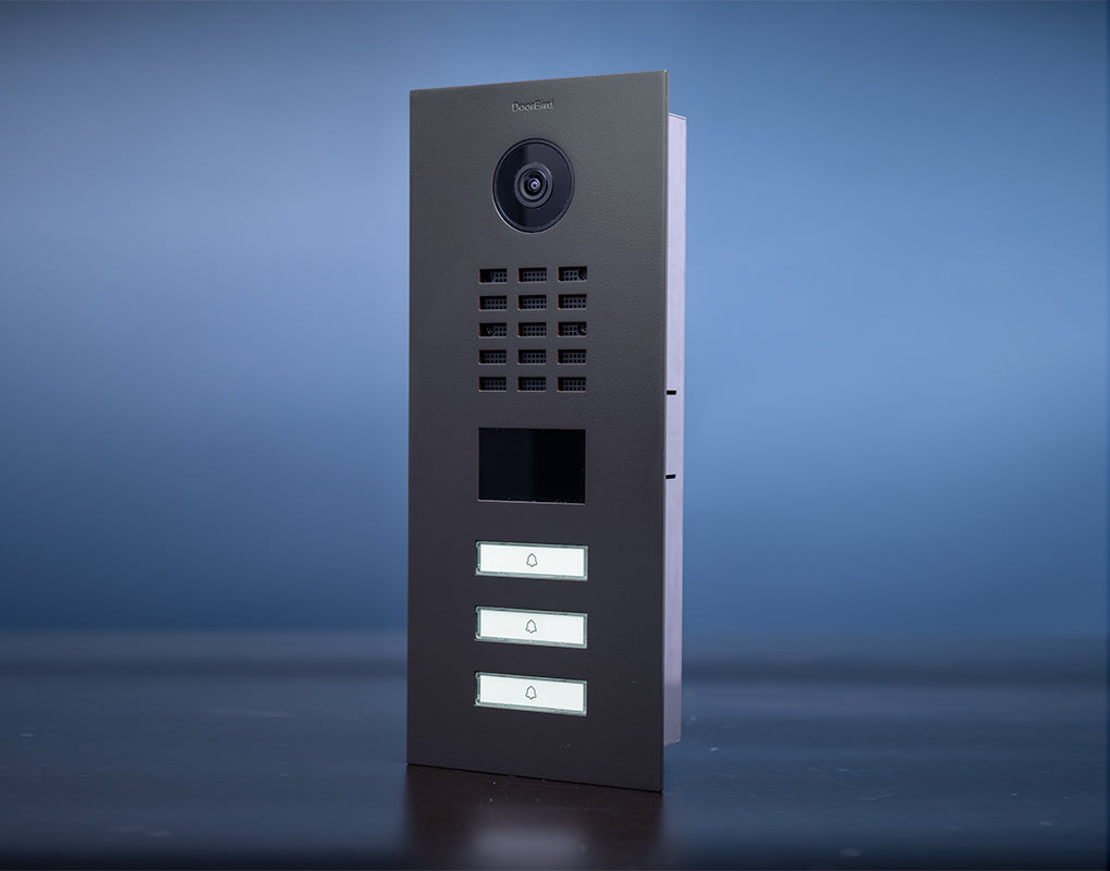 Anthracite grey IP video door station with camera, keypad, and 3 call buttons