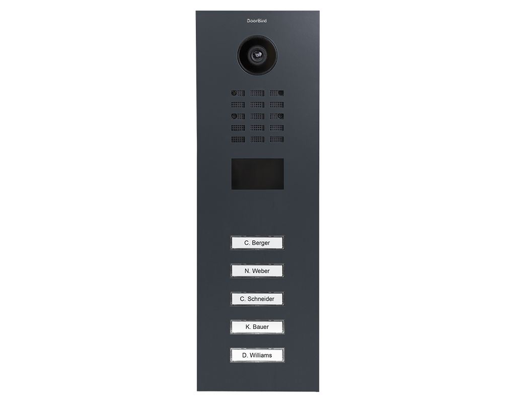 DoorBird anthracite grey video door station front with call button labels and camera
