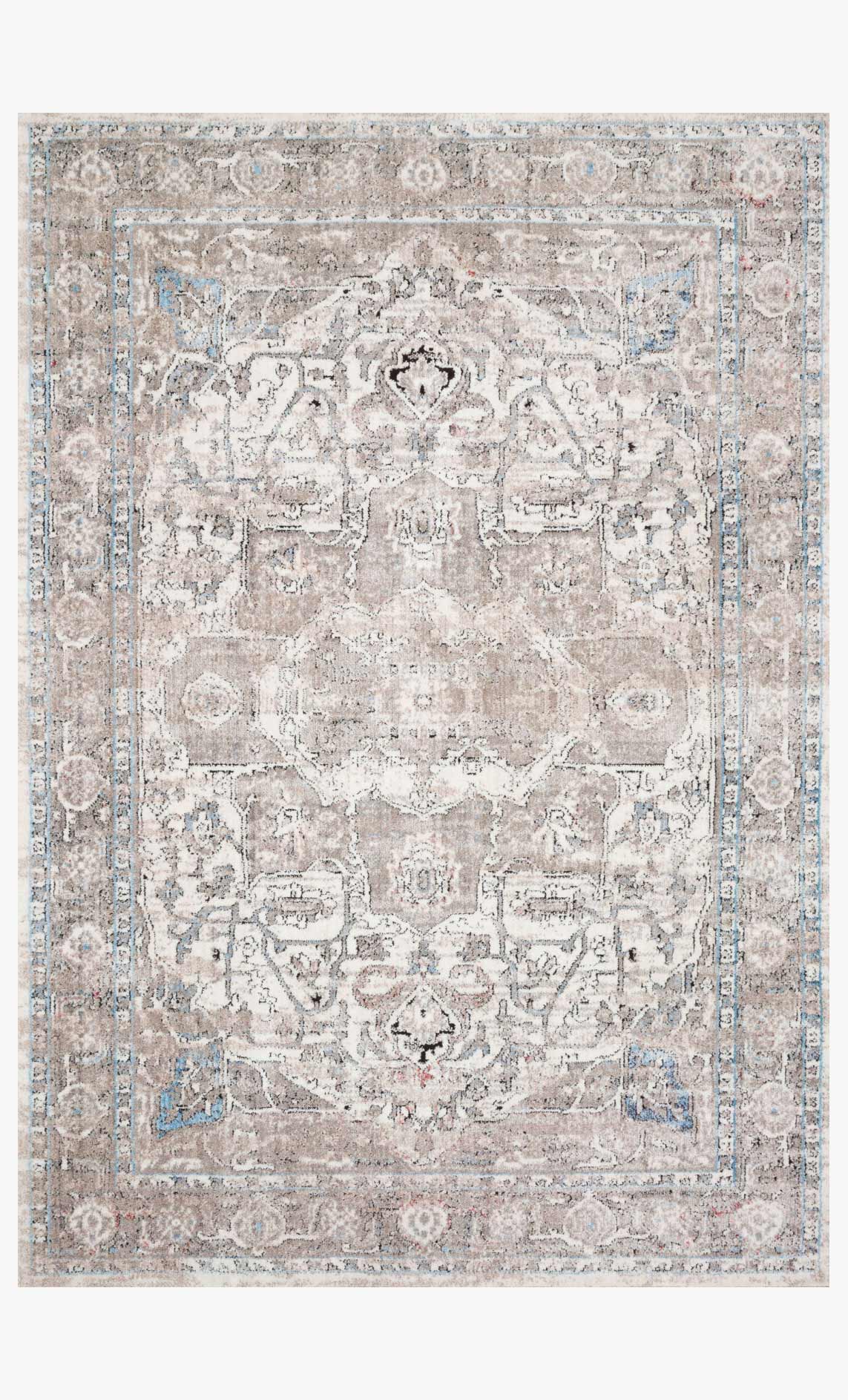Transitional power-loomed rug with ornate ivory and stone pattern, blue accents.
