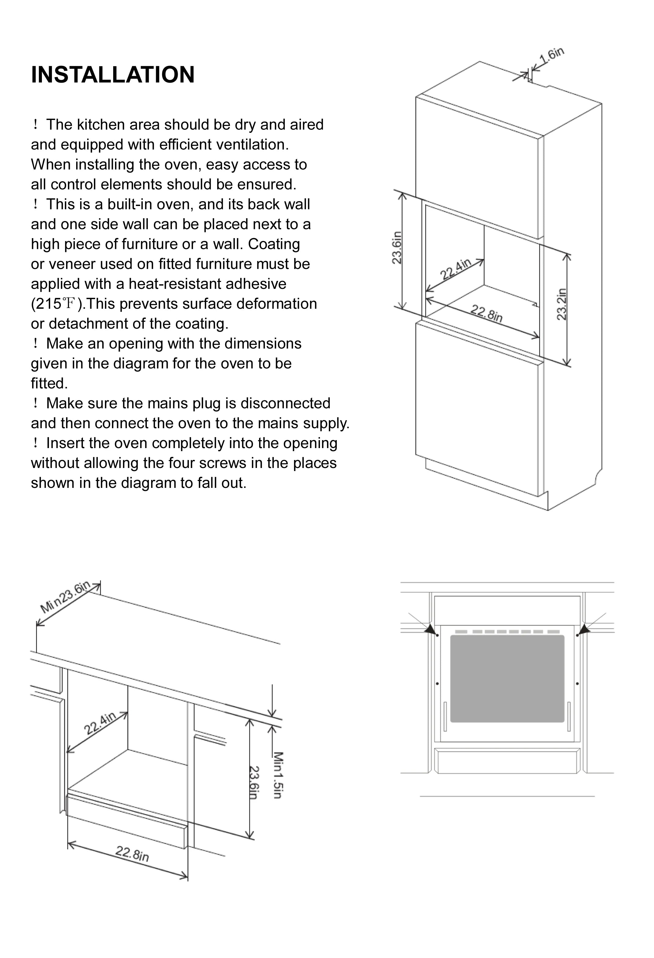 Wall oven installation diagram with opening and clearance measurements.