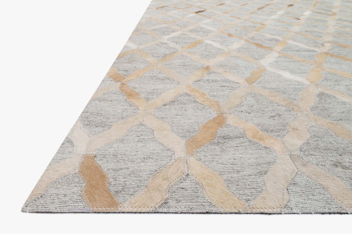 Grey and sand diamond geometric area rug, corner view showing flat woven texture