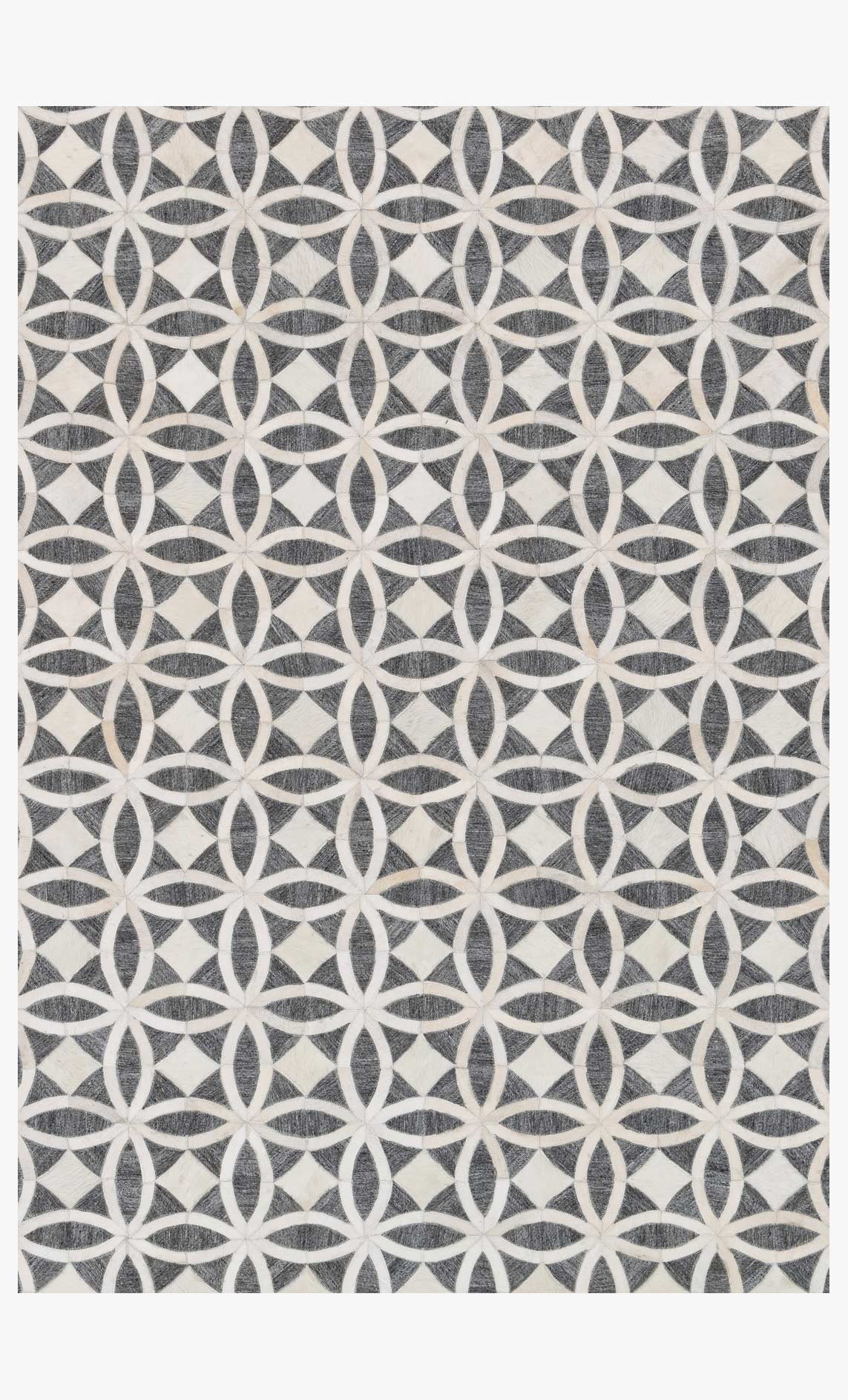 Hand-stitched rug in graphite and ivory with geometric circular pattern