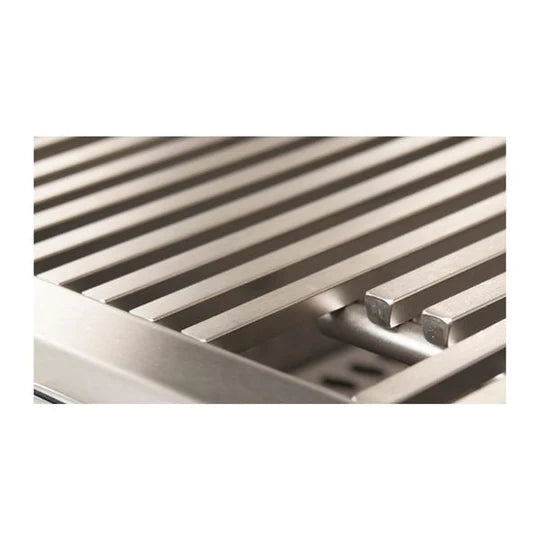 Stainless steel grill burner box and cooking grates viewed from above
