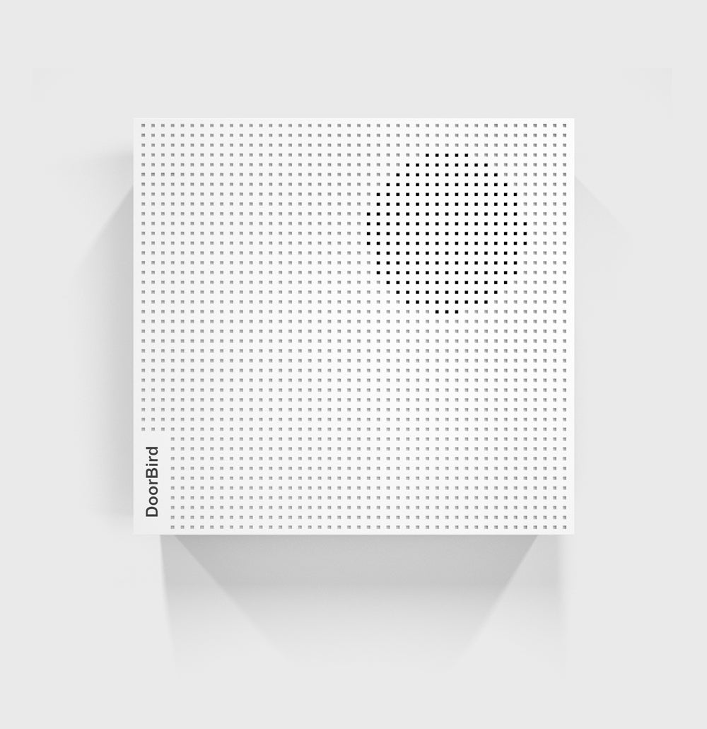 White polycarbonate DoorBird IP door chime panel, dotted speaker grille
