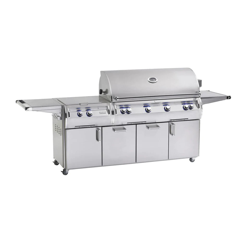Freestanding stainless steel gas grill with side shelves and control knobs