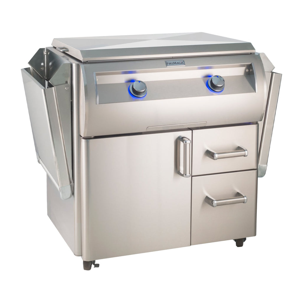 Freestanding propane gas griddle with stainless steel lid, two front control knobs
