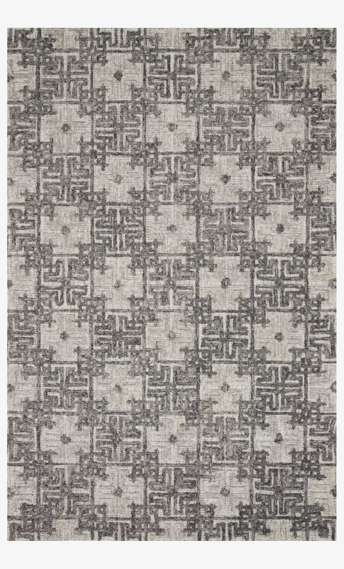Contemporary hand-tufted rug in charcoal and fog, geometric pattern, top view
