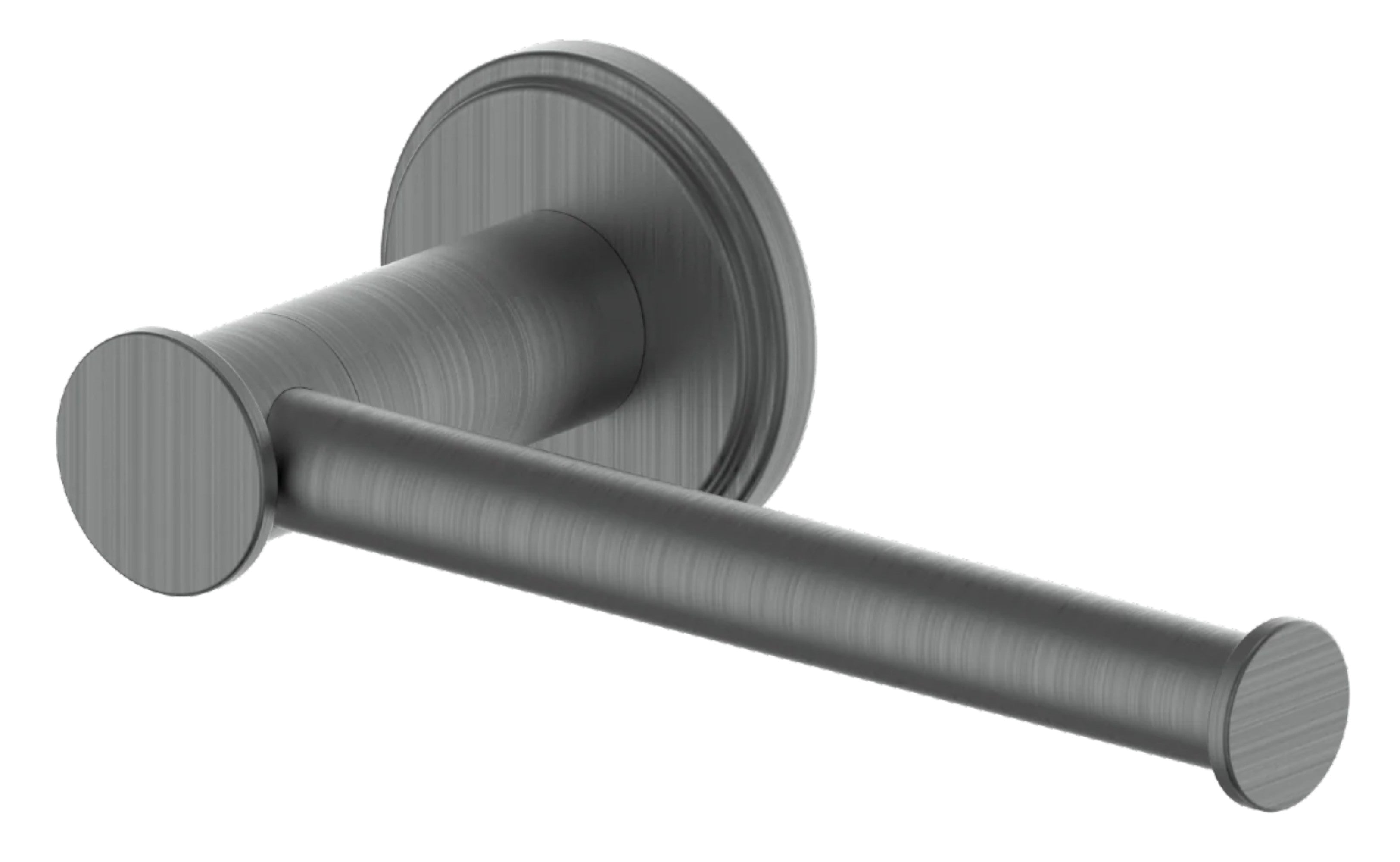 Gun metal toilet paper holder with round wall mount and bar arm