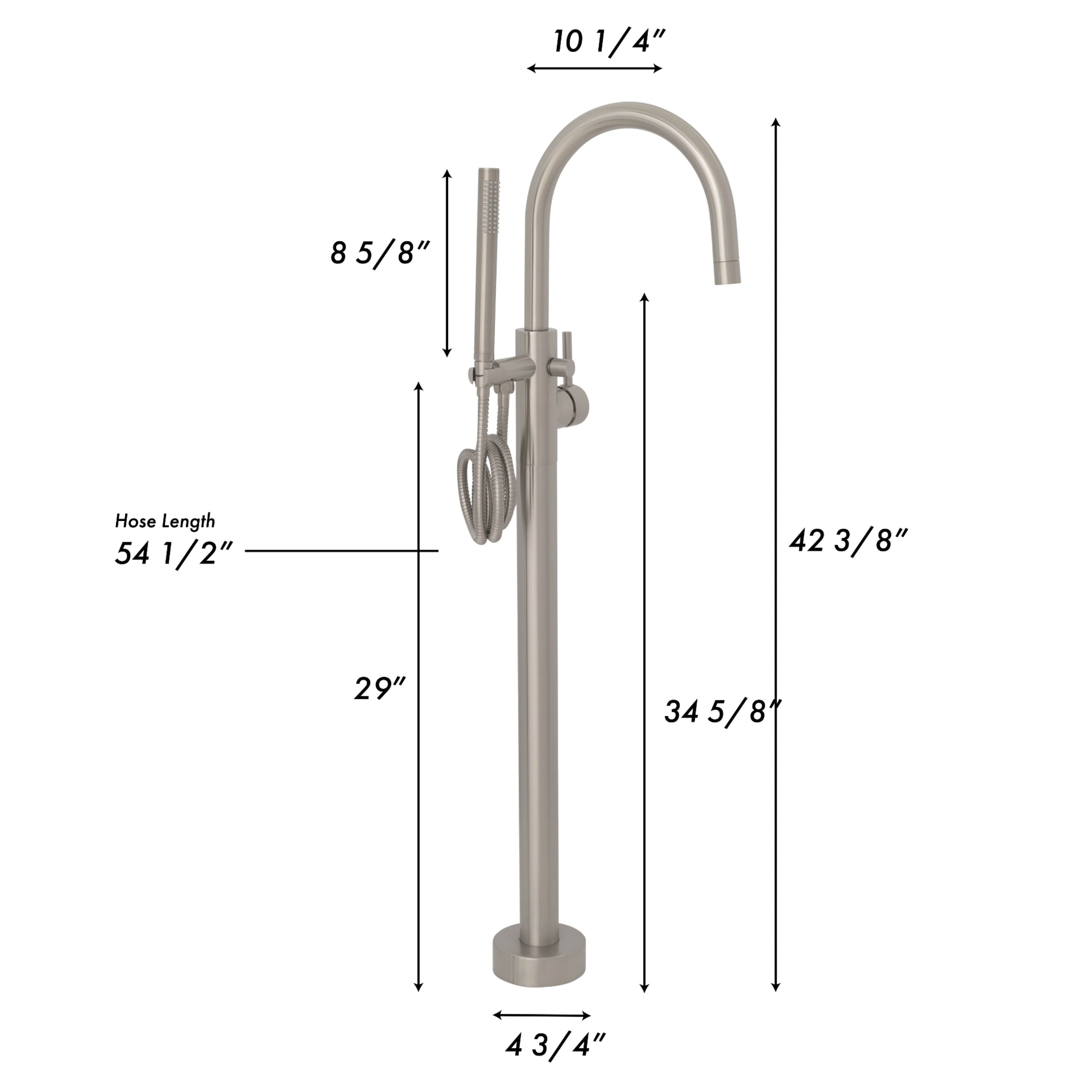 Brushed nickel tub filler with curved spout and hose, shown with overall size measurements.