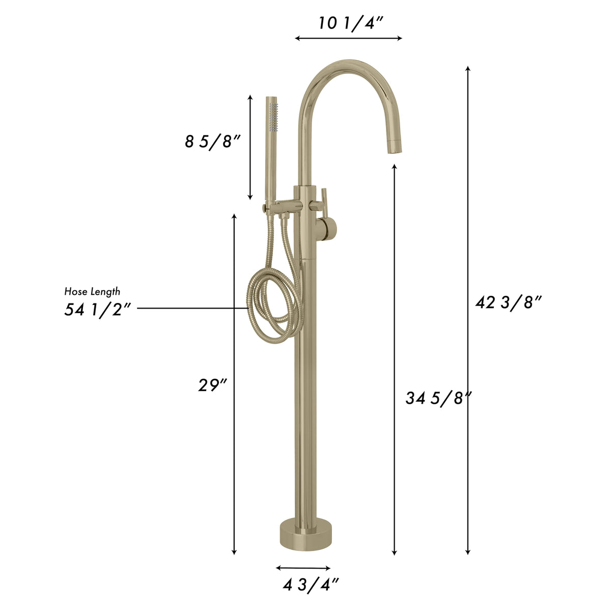 Champagne bronze bath tub filler dimensions diagram with curved spout and controls