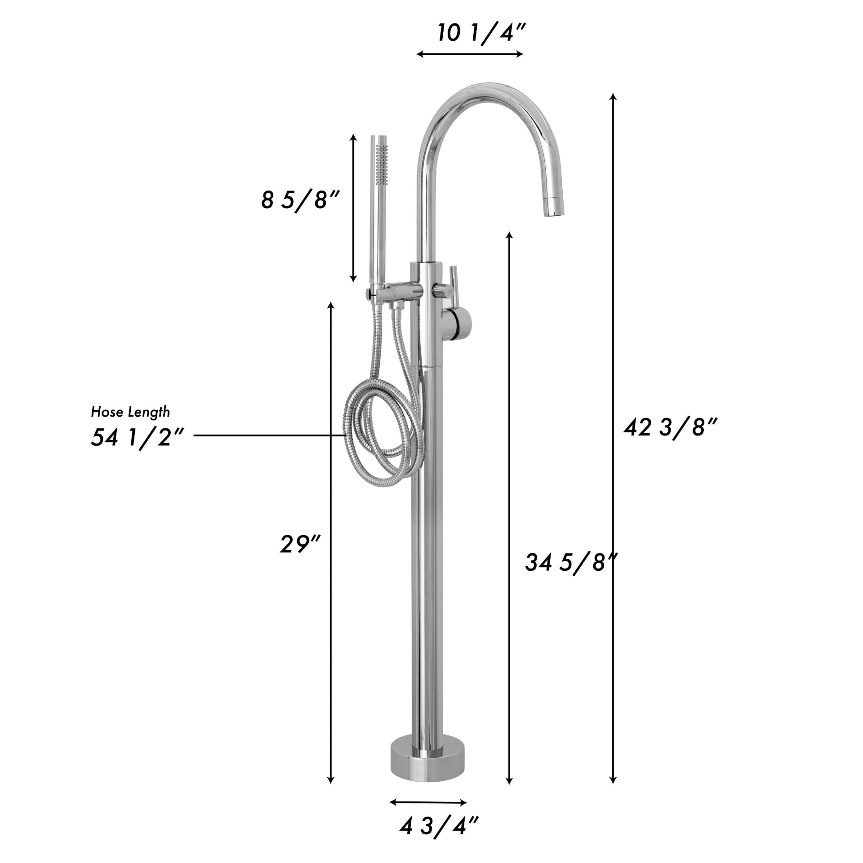 Chrome bath tub filler dimension diagram with arched spout and hose length