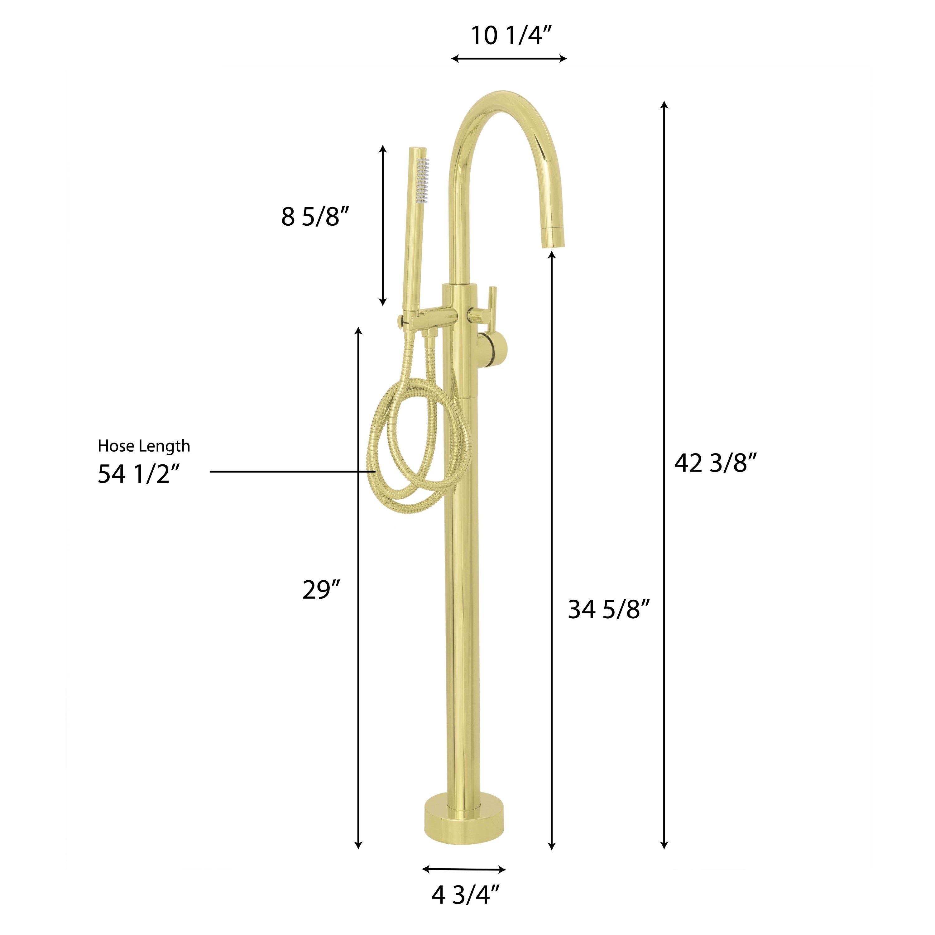 Polished gold bath tub filler dimensions: 29 in height, 54 1/2 in hose length