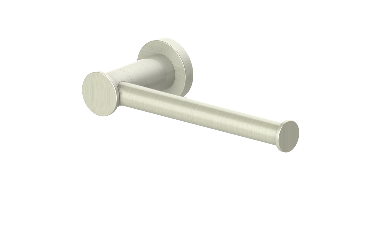 Brushed nickel towel knob with cylindrical arm and round backplate