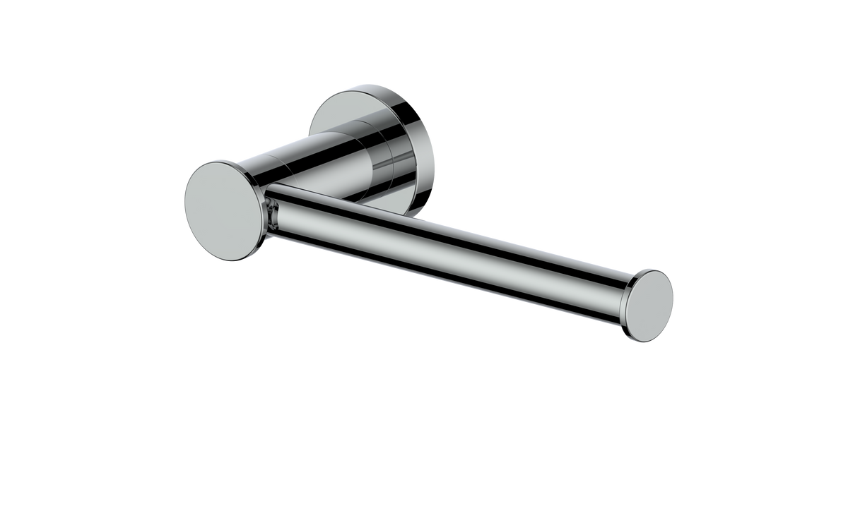 Chrome toilet paper holder with wall-mounted bar and round end caps.