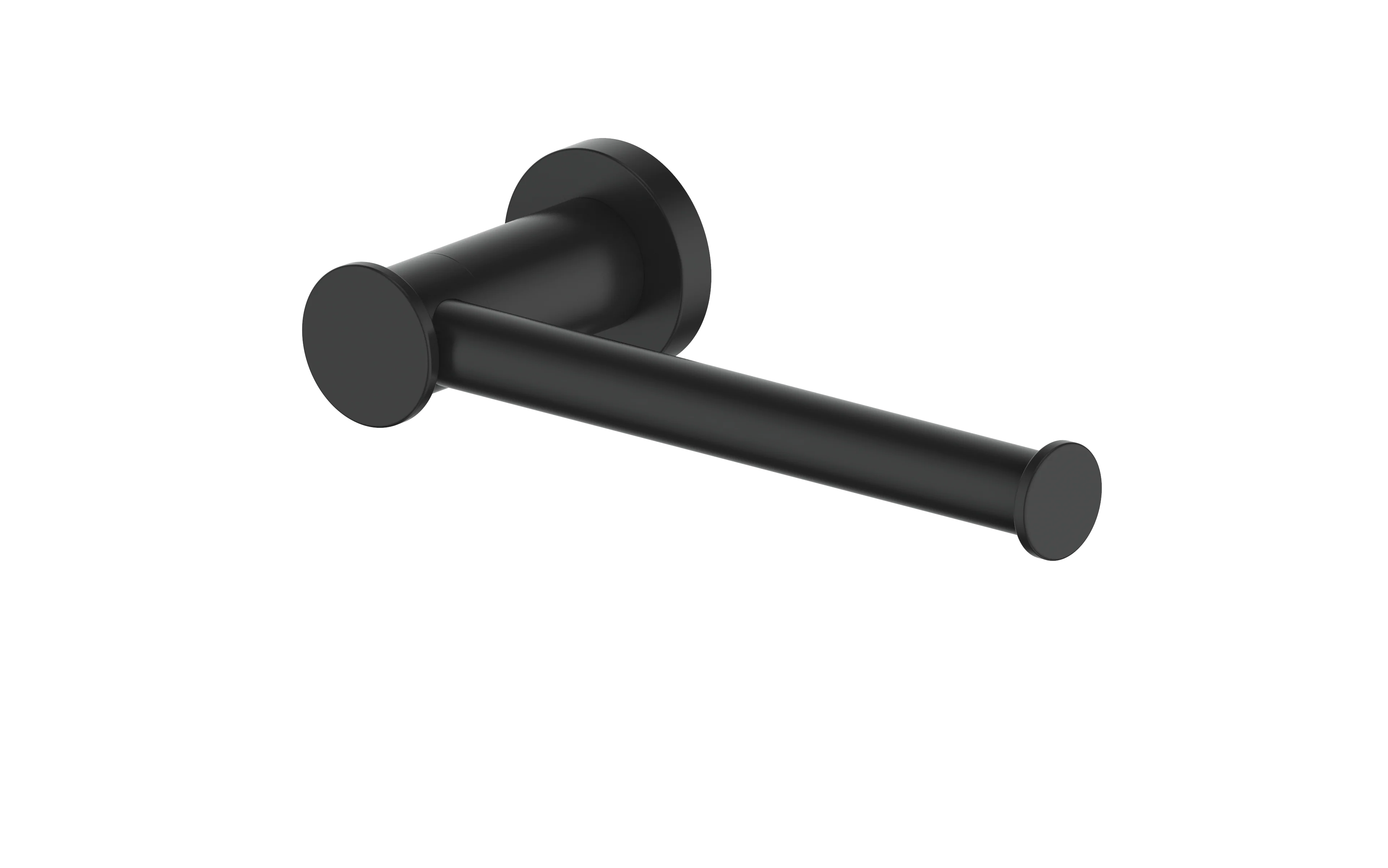 Matte black wall-mounted toilet paper holder with round bar and end caps