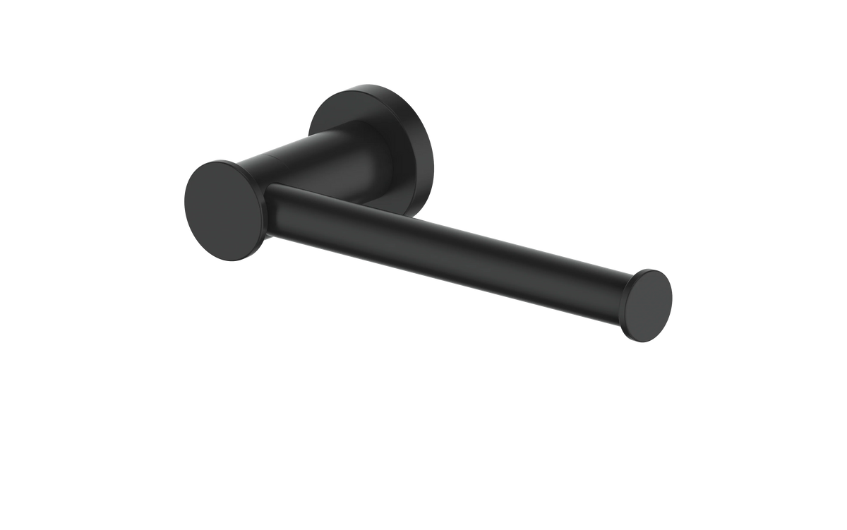 Matte black towel bar with cylindrical ends and wall-mount bases