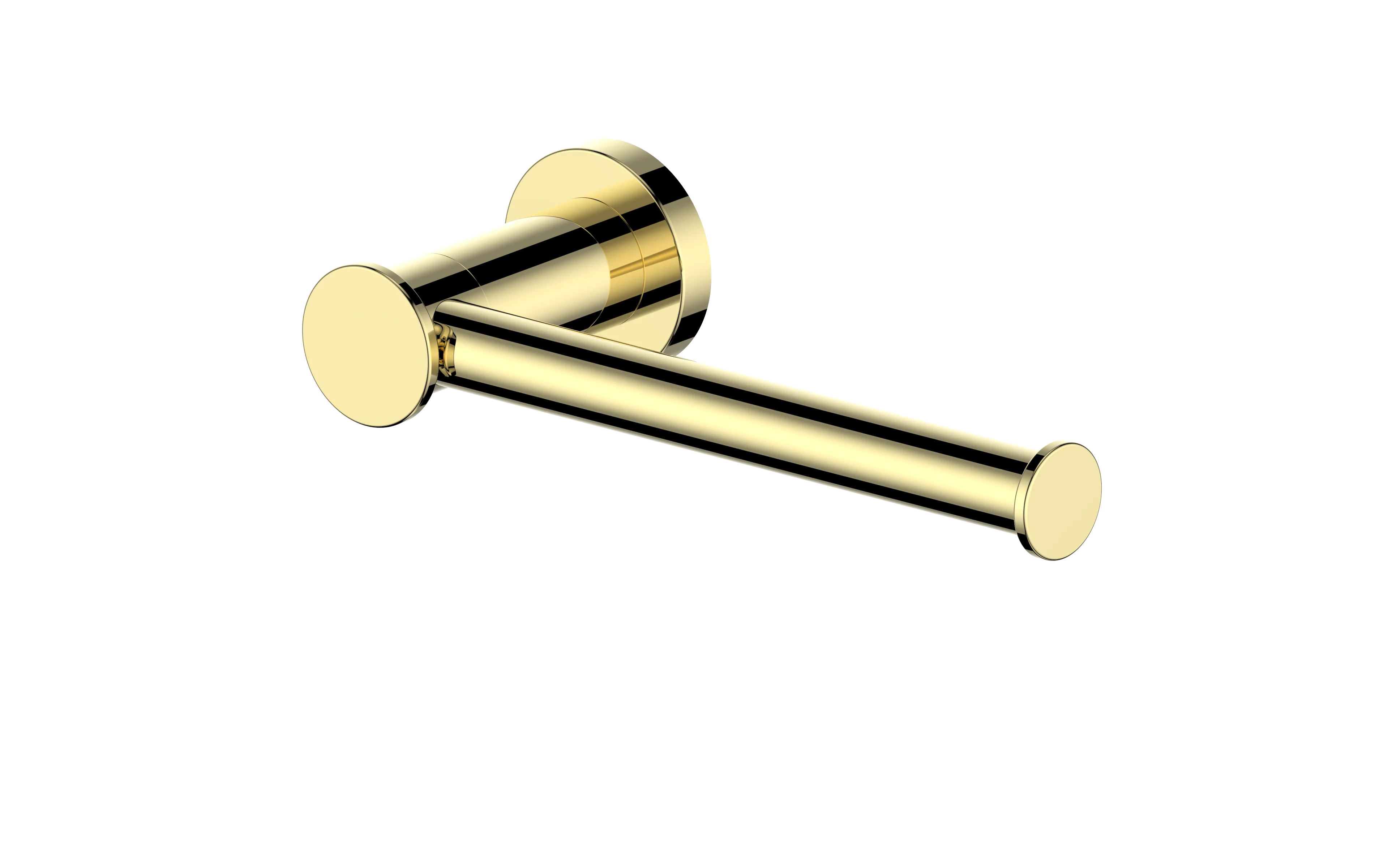Polished gold toilet paper holder with curved arm and round wall mounts
