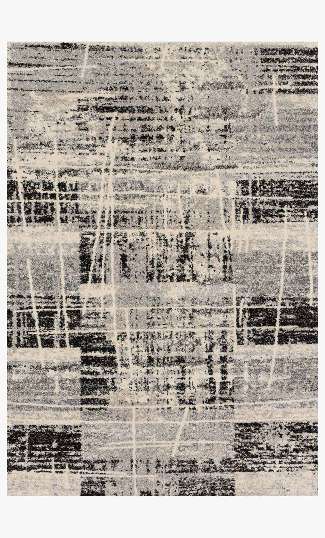Transitional power-loomed rug with grey, cream, and black geometric grid pattern.