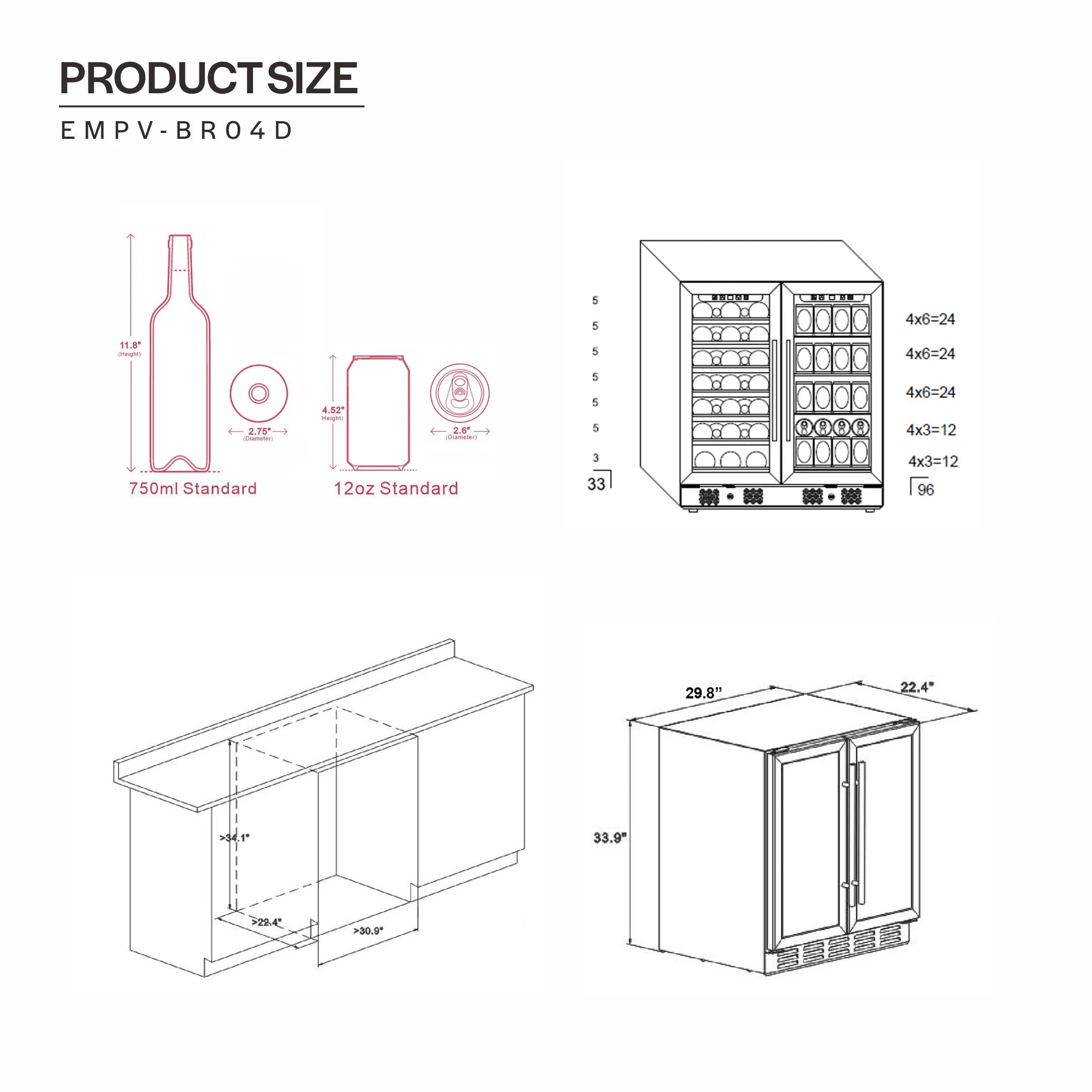 Wine cooler product size diagram with bottle layout and measurements