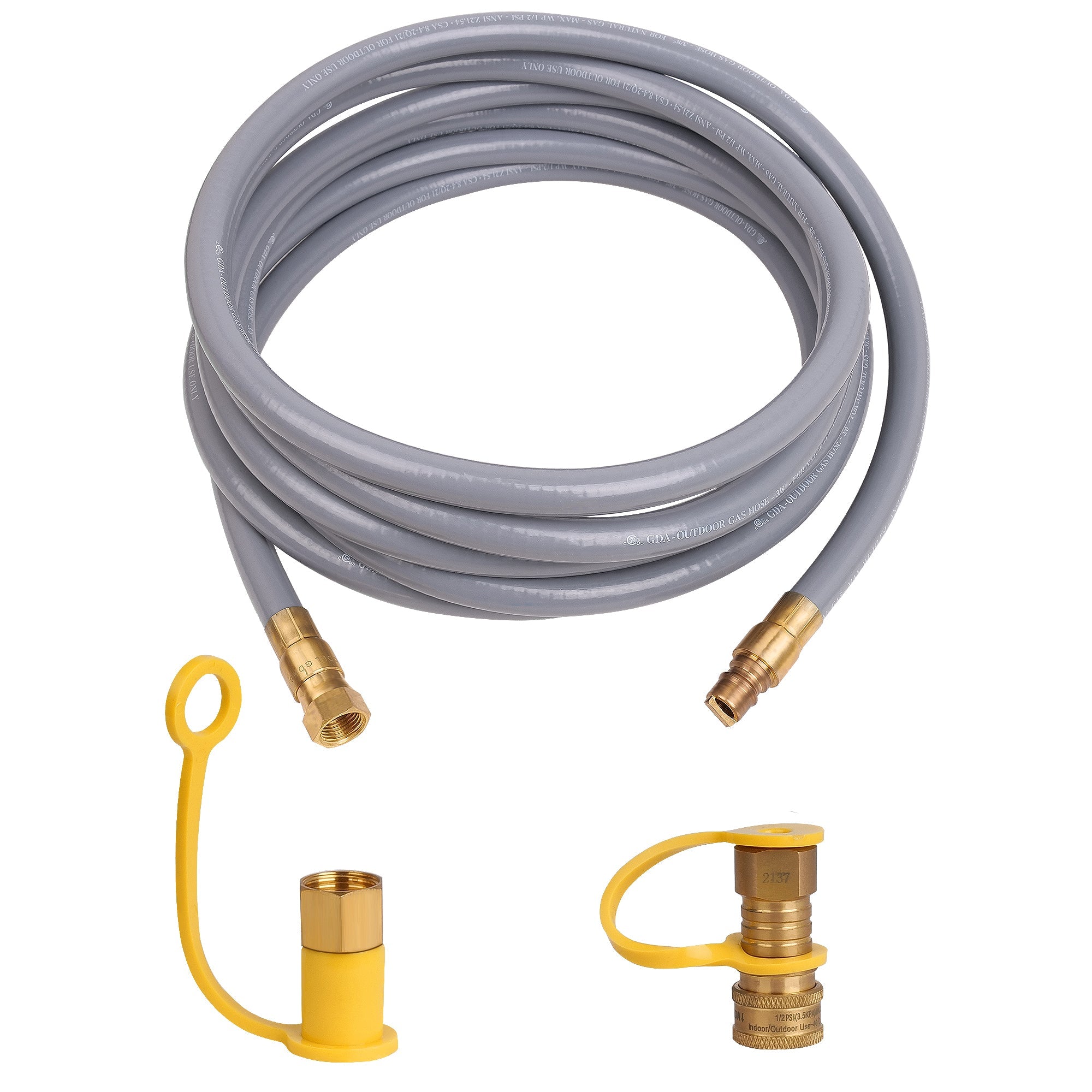 Gas quick-connect hose kit with gray hose, brass fittings, and yellow quick connect