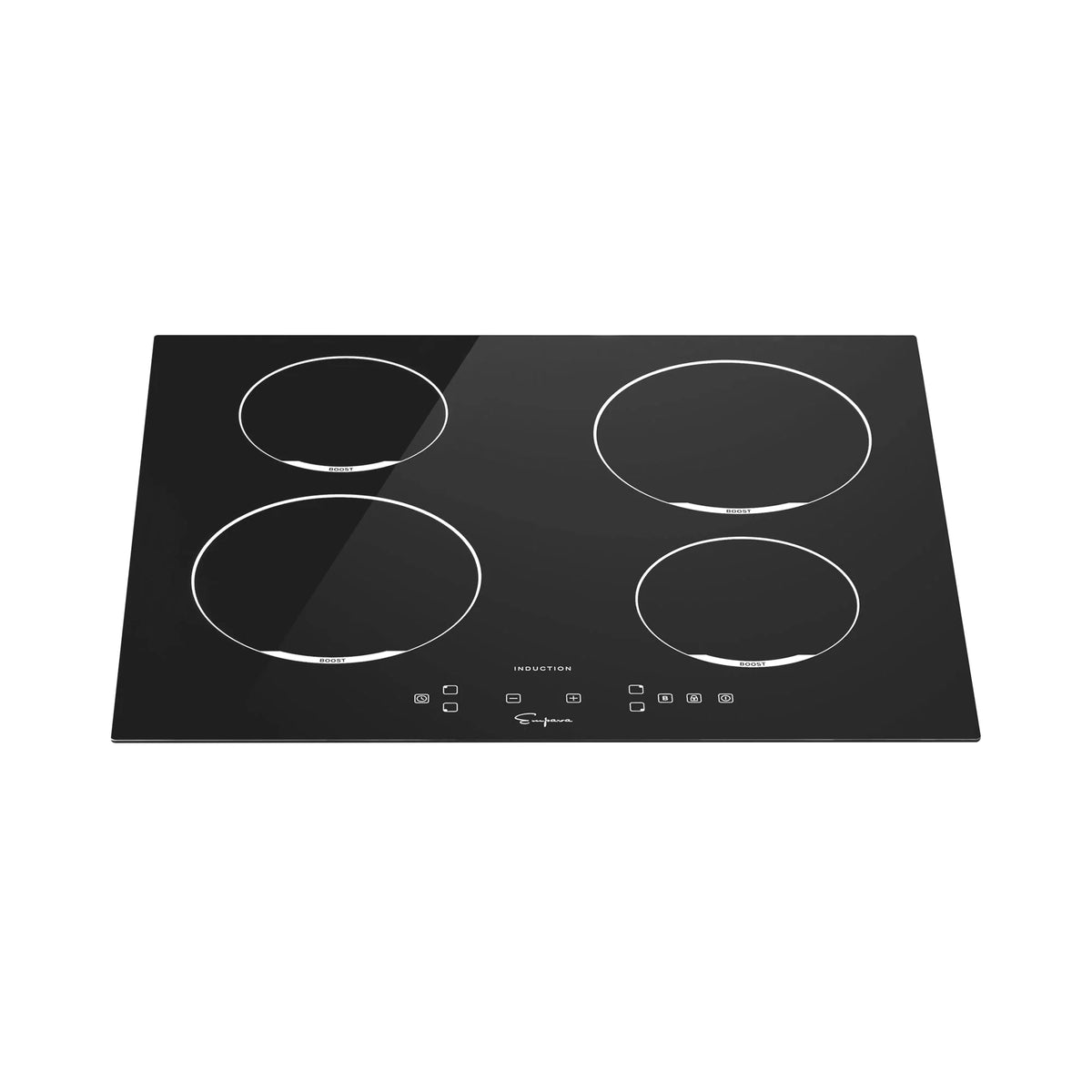 Black built-in induction cooktop showing four round cooktop zones and bottom control panel