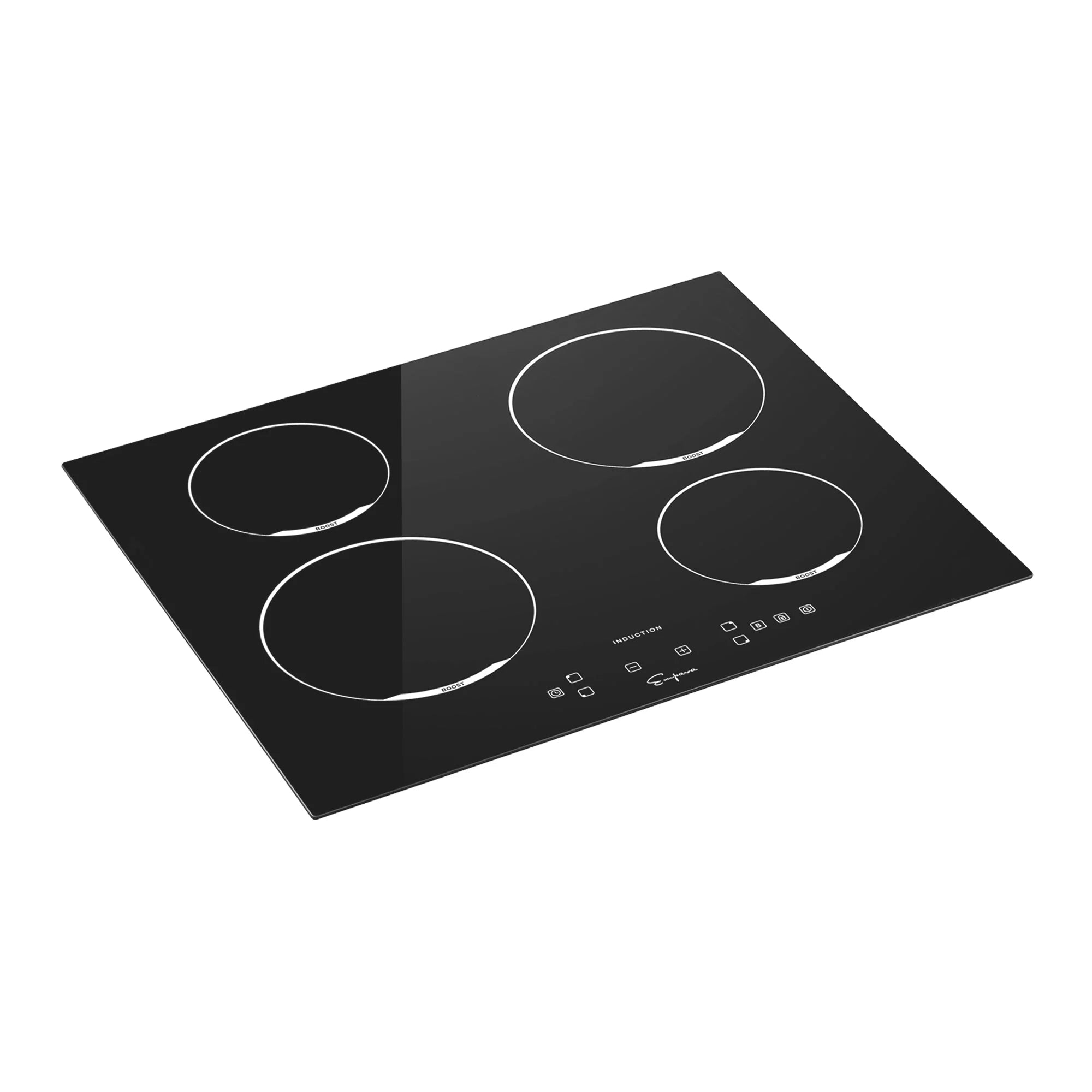 Black built-in induction cooktop, diagonal view with four induction zones and touch controls