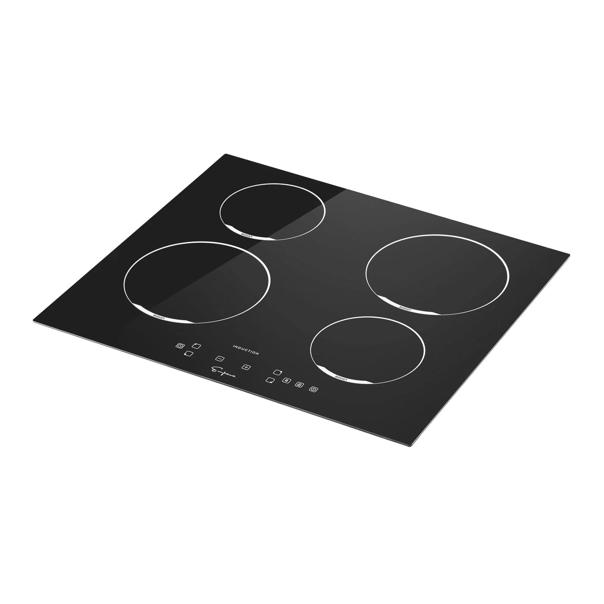Black built-in induction cooktop, angled view with four circular zones and control buttons