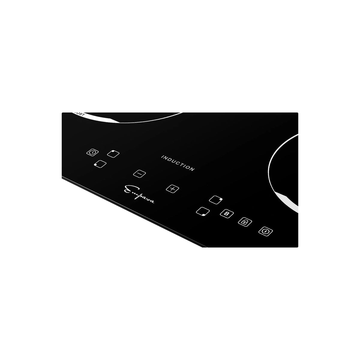 Black induction cooktop control panel with touch icons and Induction marking