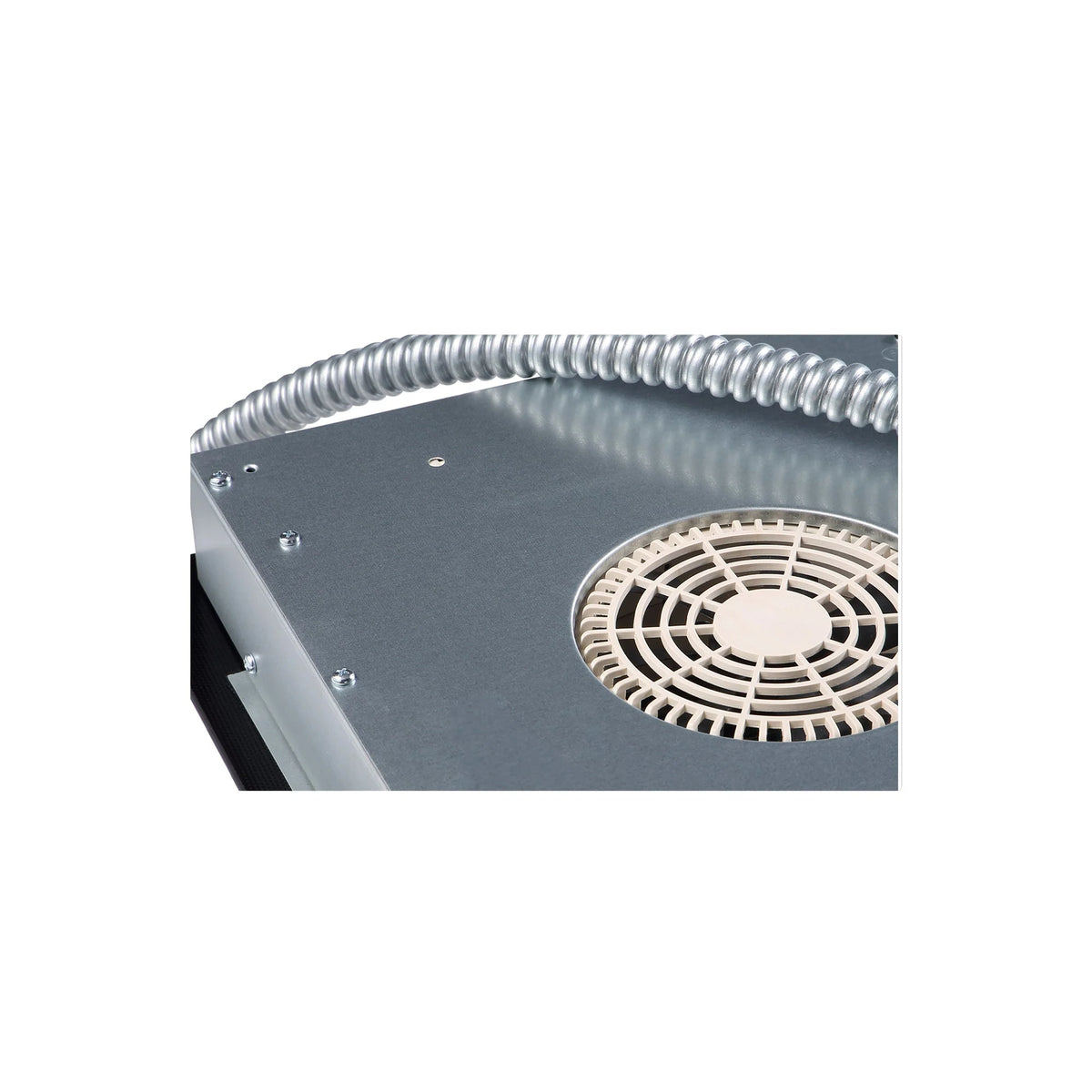 Built-in induction cooktop side vent and cooling fan grille on black housing