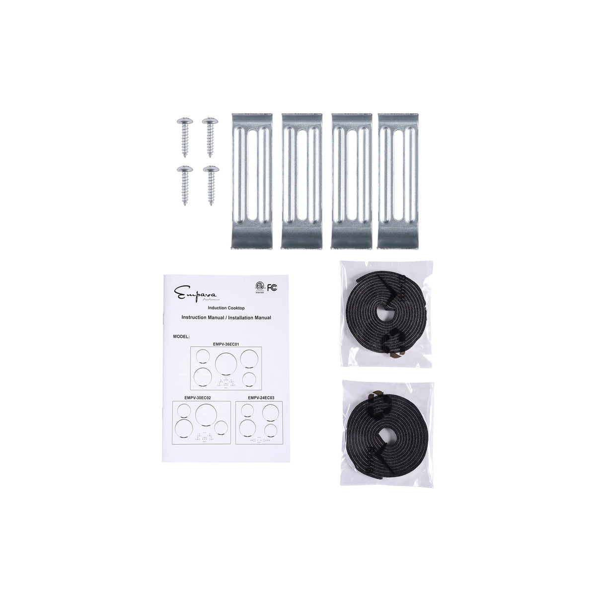 Induction cooktop installation kit: screws, metal brackets, manual, and coil cables