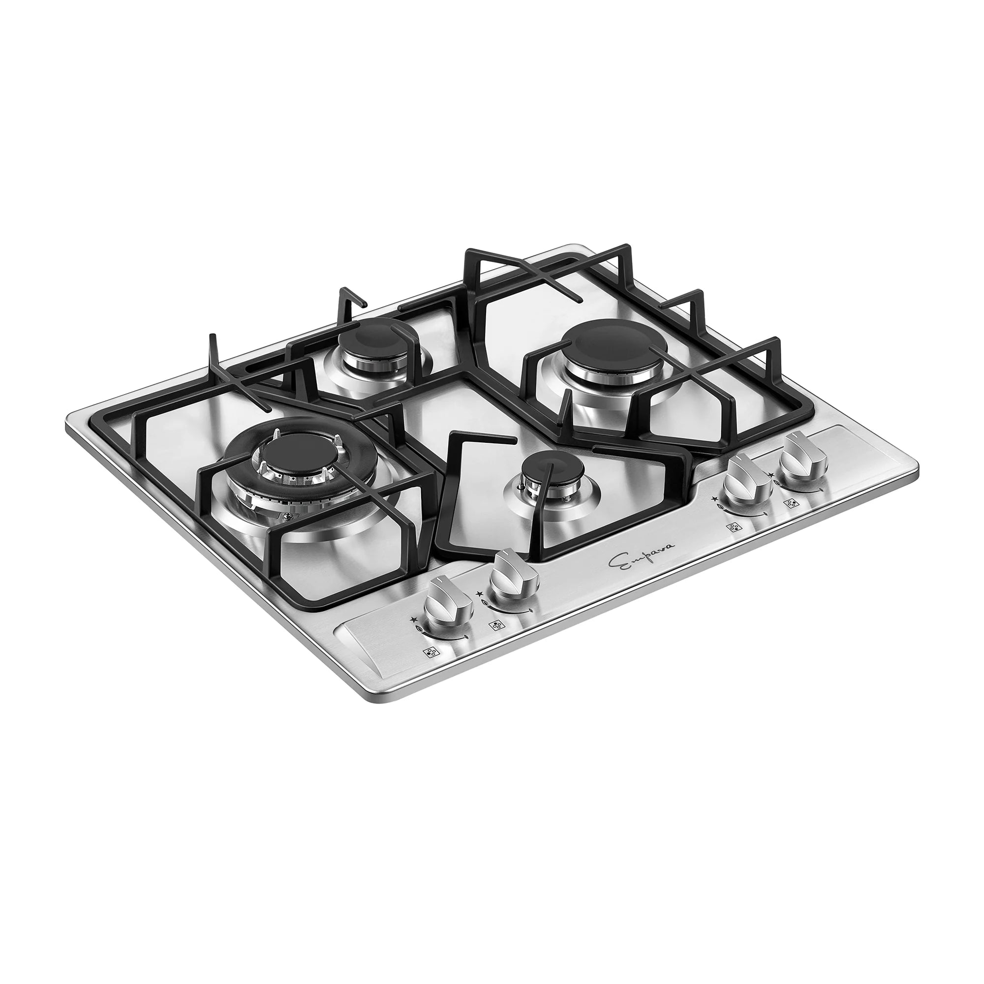 Stainless steel 4-burner gas cooktop with black grates and five front control knobs