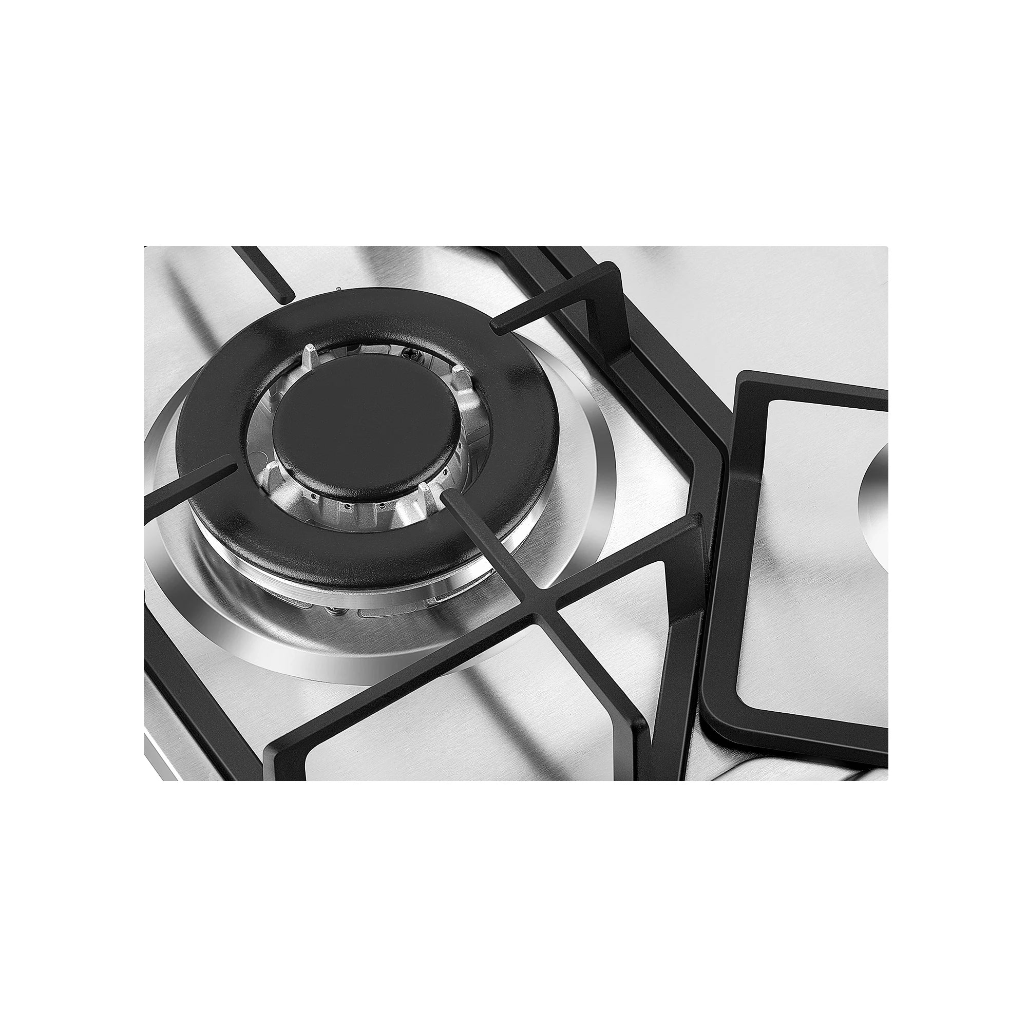 Close-up of a stainless steel 4-burner gas cooktop burner with black grate