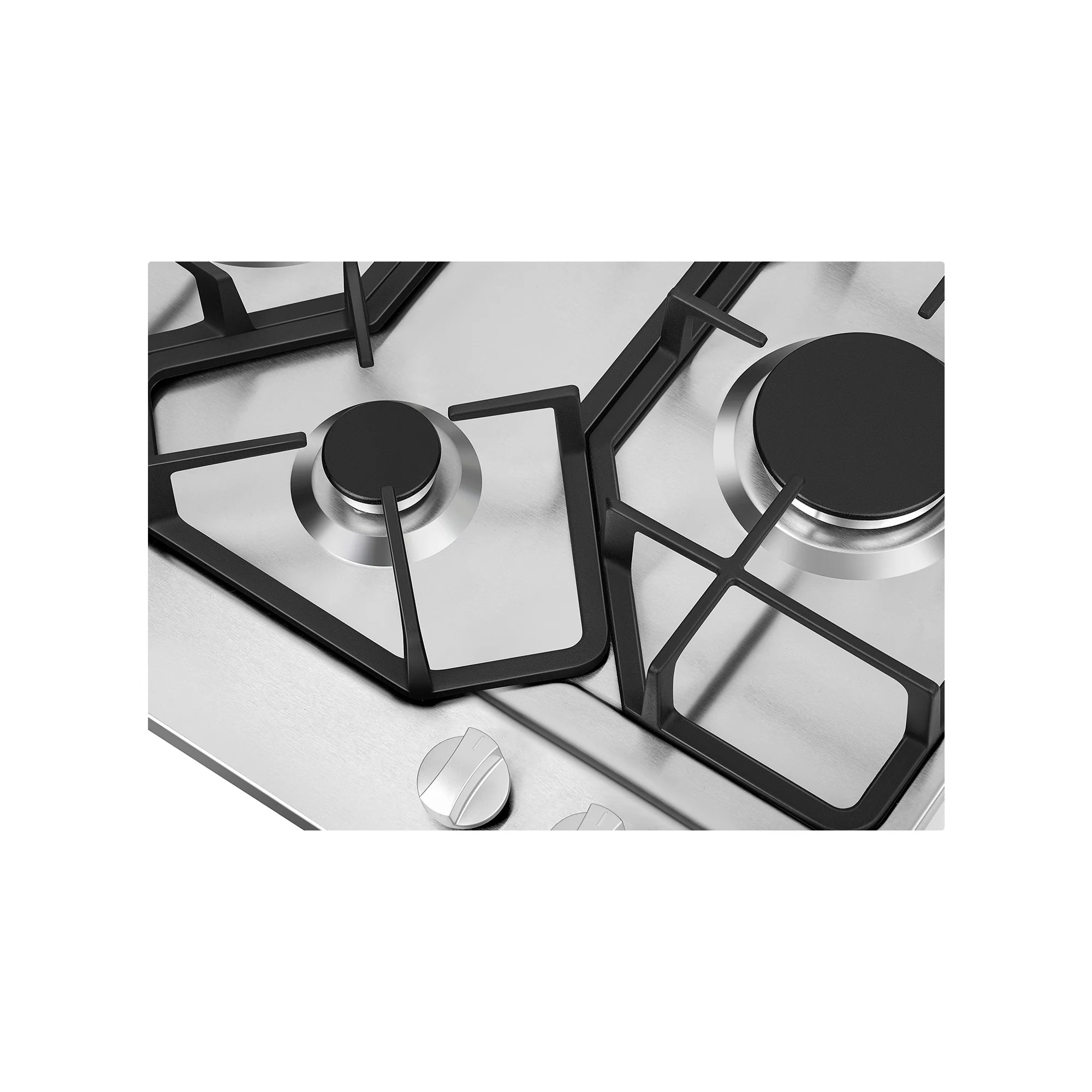 Stainless steel gas cooktop with black grates, burner caps, and front control knob